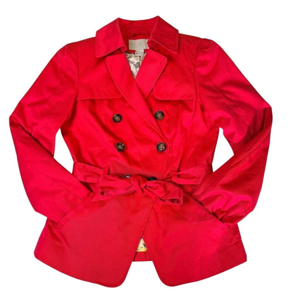 H&M Womens Red Short Trench Coat Jacket Size 2 Double Breasted Belted Waist Chic